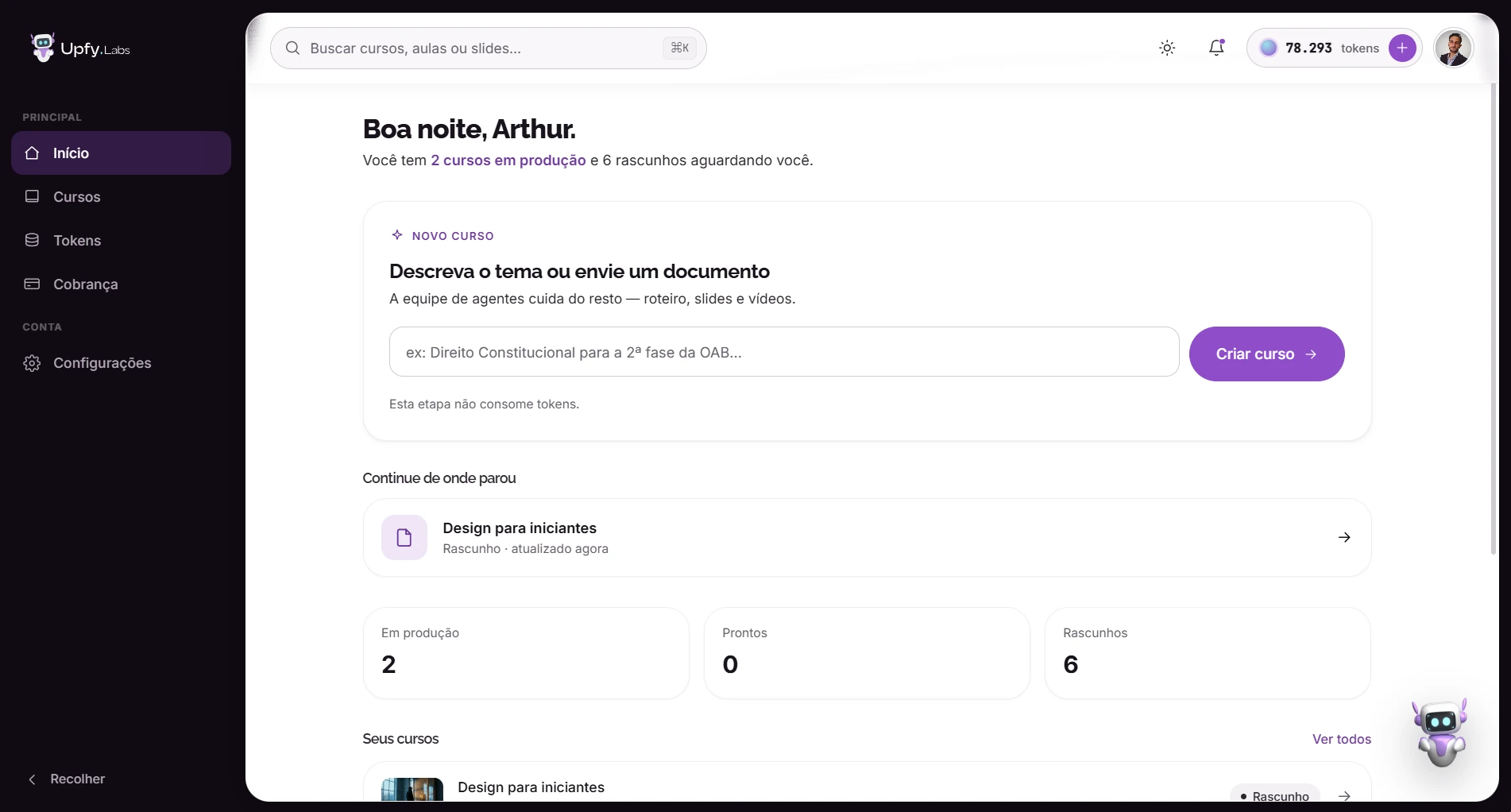 Painel da UpfyLabs — crie cursos a partir dos seus materiais